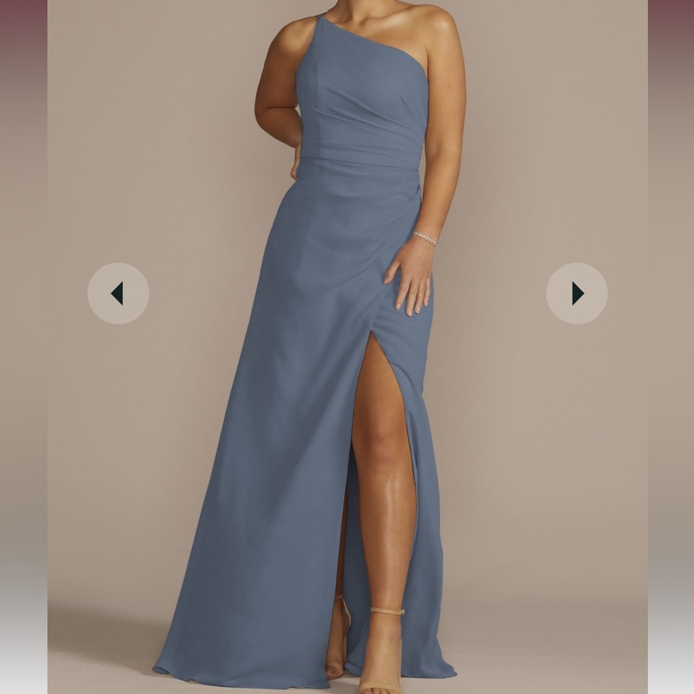 One shoulder crinkle cut bridesmaids dress- steel blue new with tags